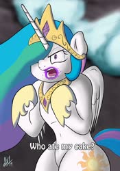 Size: 717x1024 | Tagged: safe, artist:derpx1, princess celestia, semi-anthro, g4, arm hooves, bipedal, jojo reference, jojo's bizarre adventure, text, that pony sure does love cakes, this will end in murder