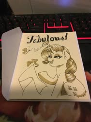 Size: 2448x3264 | Tagged: safe, alternate version, artist:cadetredshirt, rarity, pony, unicorn, g4, card, craft, cutie mark, envelope, eyeshadow, fabulous, female, high res, horn, magic, makeup, mare, monochrome, needle, paper, papercraft, photo, simple background, simple shading, smiling, solo, text, traditional art