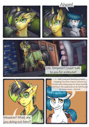 Size: 3336x4776 | Tagged: safe, artist:tillie-tmb, oc, oc only, oc:meadow lark, oc:tempest, earth pony, pony, unicorn, comic:the amulet of shades, bag, clothes, comic, female, mare, saddle bag, traditional art
