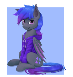 Size: 2796x2954 | Tagged: safe, artist:printik, derpibooru exclusive, oc, oc only, oc:grey, bat pony, pony, chest fluff, clothes, ear fluff, freckles, heart, high res, hoodie, looking at you, male, sitting, smiling, solo, stallion, wings, wings down