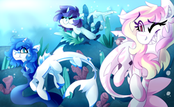 Size: 3900x2400 | Tagged: safe, artist:nekosnicker, oc, oc only, oc:killi thaum, oc:prince nova, oc:rainy skies, original species, shark, shark pony, bubble, clothes, coral, crepuscular rays, cute, digital art, dorsal fin, eyes closed, family, fangs, fin, fins, fish tail, flowing mane, flowing tail, foal, high res, horn, laughing, looking at each other, looking at someone, ocean, reef, scales, scarf, scrunchy face, seaweed, smiling, stuck, swimming, tail, teeth, underwater, water