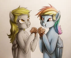 Size: 1920x1565 | Tagged: safe, artist:stevethebrony, derpy hooves, rainbow dash, pony, g4, eating, food, muffin, traditional art