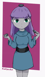 Size: 1728x2928 | Tagged: safe, artist:kalipoart, boulder (g4), maud pie, human, equestria girls, g4, clothes, female, holding, humanized, lidded eyes, looking at you, passepartout, rock, signature, solo