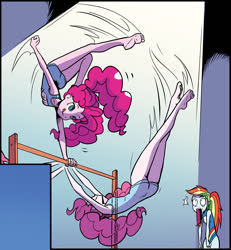 Size: 911x985 | Tagged: safe, artist:pencils, idw, pinkie pie, rainbow dash, equestria girls, g4, spoiler:comic, spoiler:comicequestriagirlsmarchradness, ass, barefoot, butt, clothes, duo, feet, female, gymnastics, jaw drop, leotard, pinkie being pinkie, rainbow dash is best facemaker, sleeveless, tongue out