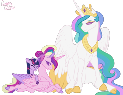 Size: 1280x985 | Tagged: safe, artist:luna dave, princess cadance, princess celestia, twilight sparkle, alicorn, pegasus, pony, unicorn, g4, aunt and niece, bow, colored wings, colored wingtips, crown, cute, cutedance, eyes closed, female, filly, filly twilight sparkle, jewelry, lying down, magic, makeup, mare, momlestia, necklace, no pupils, ponytail, prone, realistic anatomy, realistic horse legs, realistic wings, regalia, simple background, sitting, sparks, tail bow, teen princess cadance, transparent background, twiabetes, unicorn twilight, unshorn fetlocks, wing fluff, wings, younger