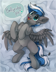 Size: 1864x2400 | Tagged: safe, artist:trickate, oc, oc only, oc:cloud zapper, pegasus, pony, rcf community, bedsheets, bellyrub request, chest fluff, dialogue, feather, featureless crotch, heart, looking at you, lying on bed, male, pubic fluff, smiling, solo, speech bubble, spread wings, stallion, wings