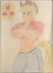 Size: 2910x4003 | Tagged: safe, artist:astrum, applejack, earth pony, anthro, g4, abs, amazon, applebucking thighs, applejacked, belly button, belt, biceps, breasts, buff, busty applejack, clothes, cowboy hat, crossed arms, female, front knot midriff, hat, jeans, lidded eyes, mare, midriff, muscles, muscular female, pants, rolled up sleeves, shirt, simple background, smiling, smirk, solo, stetson, straw, straw in mouth, thighs, thunder thighs, traditional art