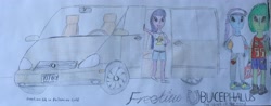 Size: 3904x1535 | Tagged: safe, oc, unnamed oc, human, equestria girls, g4, advertisement, ball, belt, car, clothes, colored pencil drawing, cutie mark, cutie mark on clothes, net, roller skates, shoes, shorts, simple background, sketch, traditional art, traffic cone