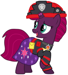 Size: 899x995 | Tagged: safe, artist:徐詩珮, fizzlepop berrytwist, tempest shadow, pony, unicorn, series:sprglitemplight diary, series:sprglitemplight life jacket days, series:springshadowdrops diary, series:springshadowdrops life jacket days, g4, alternate universe, base used, broken horn, clothes, cutie mark, cutie mark on clothes, dress, eyelashes, female, helmet, horn, looking back, mare, marshall (paw patrol), open mouth, paw patrol, paw prints, raised hoof, simple background, smiling, solo, transparent background, ultimate rescue