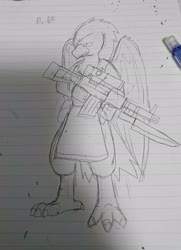 Size: 1486x2048 | Tagged: safe, artist:omegapony16, oc, oc only, griffon, griffon oc, gun, irl, lineart, lined paper, pencil, photo, solo, traditional art, weapon