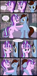 Size: 1260x2587 | Tagged: safe, artist:culu-bluebeaver, starlight glimmer, oc, oc:bluehooves, earth pony, pony, unicorn, comic:the newcomer, g4, ..., angry, bed, bedroom, bedroom eyes, blushing, canon x oc, comic, dialogue, earth pony oc, embrace, equal cutie mark, female, glimmooves, hug, lidded eyes, looking at each other, male, mare, pillow, s5 starlight, smiling, stallion