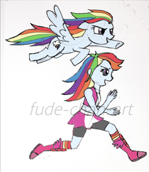 Size: 1488x1719 | Tagged: safe, artist:fude-chan-art, rainbow dash, human, pegasus, pony, equestria girls, g4, boots, boxing boots, boxing shoes, boxing skirt, clothes, cycling shorts, exeron fighters, exeron outfit, female, human ponidox, mare, running, self ponidox, shoes, skirt, socks, sports bra