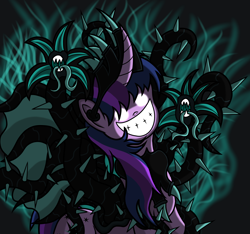 Size: 1964x1840 | Tagged: safe, artist:heartshielder1991, twilight sparkle, oc, oc only, oc:plunderseed queen, alicorn, pony, black vine, corrupted, corrupted twilight sparkle, evil smile, female, glowing eyes, grin, smiling, solo, twilight sparkle (alicorn)