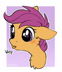 Size: 1210x1396 | Tagged: safe, artist:trickate, scootaloo, pegasus, pony, rcf community, g4, :p, abstract background, big eyes, blushing, bust, cheek fluff, chest fluff, cute, cutealoo, ear fluff, female, filly, floppy ears, portrait, solo, tongue out