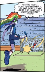 Size: 1385x2183 | Tagged: safe, artist:pencils, idw, caught cold, rainbow dash, equestria girls, g4, spoiler:comic, spoiler:comicequestriagirlsmarchradness, ass, butt, clothes, female, football, shoes, soccer shoes, sports