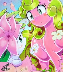 Size: 1795x2048 | Tagged: safe, artist:025aki, daisy, flower wishes, earth pony, pony, shaymin, g4, blushing, female, mare, pokémon, surprised, traditional art