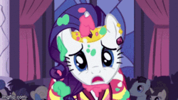 Size: 360x202 | Tagged: safe, screencap, rarity, pony, unicorn, g4, season 1, the best night ever, afraid to get dirty, angry, animated, anime effects, background pony, clothes, dress, ear piercing, eyeshadow, female, furious, gala, gala dress, gif, insulted, jewelry, looking at you, makeup, mare, messy, piercing, shrunken pupils, solo focus, stare, the stare, tiara