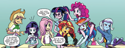 Size: 1273x493 | Tagged: safe, artist:pencils, idw, applejack, fluttershy, pinkie pie, rainbow dash, rarity, sci-twi, sunset shimmer, trixie, twilight sparkle, equestria girls, g4, spoiler:comic, spoiler:comicequestriagirlsmarchradness, angry, argument, boots, cellphone, cute, desk, detention, feet on table, group shot, humane five, humane seven, humane six, legs, madorable, phone, pinkie being pinkie, pointing, shoes, smartphone, teary eyes, trixie is not amused, unamused