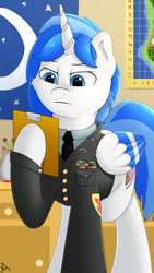 Size: 1080x1920 | Tagged: safe, artist:h3nger, oc, oc only, oc:snowstorm, alicorn, pony, alicorn oc, clothes, hoof hold, horn, male, military uniform, necktie, solo, suit, uniform