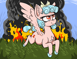 Size: 4328x3348 | Tagged: safe, artist:paskanaakka, derpibooru exclusive, cozy glow, pegasus, pony, g4, chest fluff, colored hooves, ear fluff, evil, female, filly, fire, forest, high res, nose wrinkle, pure concentrated unfiltered evil of the utmost potency, pure unfiltered evil, solo, some mares just want to watch the world burn, unshorn fetlocks