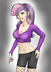 Size: 4961x7016 | Tagged: safe, artist:symptom99, sweetie belle, human, equestria girls, g4, belly button, breasts, busty sweetie belle, cleavage, female, fishnet stockings, humanized, jewelry, midriff, multiple variants, necklace, older, older sweetie belle, solo