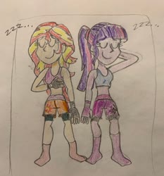 Size: 400x429 | Tagged: safe, artist:13mcjunkinm, sci-twi, sunset shimmer, twilight sparkle, equestria girls, g4, adorkable, boxing bra, boxing shorts, boxing trunks, clothes, crop top bra, cute, cycling shorts, dork, exeron fighters, exeron gloves, exeron outfit, fingerless gloves, gloves, martial arts kids, martial arts kids outfits, midriff, missing accessory, mma gloves, onomatopoeia, shimmerbetes, shorts, sleeping, smiling, socks, sound effects, sports bra, sports shorts, sweet dreams fuel, traditional art, trunks, twiabetes, zzz