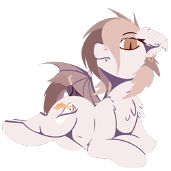 Size: 1500x1500 | Tagged: safe, artist:rhythmpixel, oc, oc only, oc:mookah, bat pony, pony, belly button, chest fluff, ear fluff, female, lineless, looking at you, lying down, mare, simple background, solo, transparent background, wings