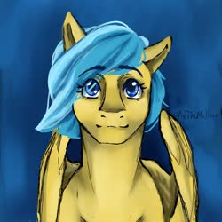 Size: 1500x1500 | Tagged: safe, artist:pixthemallow, oc, oc only, oc:ocean shore, pegasus, pony, blue background, eye clipping through hair, front view, pegasus oc, simple background, wings