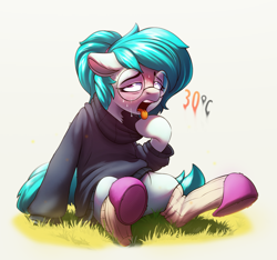 Size: 2423x2266 | Tagged: safe, artist:rexyseven, oc, oc only, oc:whispy slippers, earth pony, pony, blushing, clothes, female, glasses, grass, high res, hot, mare, open mouth, ponytail, sitting, slippers, socks, solo, sweat, sweater, tongue out