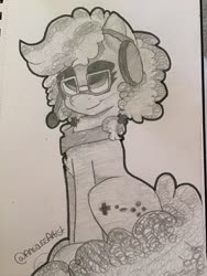 Size: 1536x2048 | Tagged: safe, artist:anxioussartist, oc, oc only, oc:cinnabyte, earth pony, pony, adorkable, bandana, black and white, cinnabetes, cute, dork, drawing, gaming headset, grayscale, headset, monochrome, sketch, smiling, traditional art