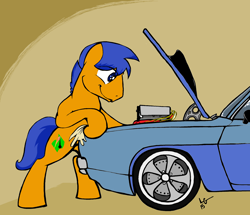 Size: 2144x1848 | Tagged: safe, artist:lucas_gaxiola, oc, oc only, earth pony, pony, bipedal, car, cleaning, earth pony oc, hoof hold, male, signature, smiling, solo, stallion