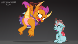 Size: 8000x4500 | Tagged: safe, artist:metalhead97, ocellus, smolder, dragon, g4, ass, assisted exposure, blushing, blushing profusely, butt, cheerleader outfit, cheerleader smolder, clothes, commission, dragoness, embarrassed, embarrassed underwear exposure, exposed, exposing, eyes closed, female, gradient background, horn, humiliation, it's just a prank bro, laughing, lesbian, looking back, magic, magic abuse, magic aura, open mouth, panties, raised tail, restrained, revenge, ship:smolcellus, shipping, show accurate, simple background, skirt, skirt lift, smolderriere, tail, telekinesis, underfoot, underwear