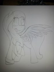 Size: 1536x2048 | Tagged: safe, artist:lucas_gaxiola, oc, oc only, pegasus, pony, lineart, looking up, open mouth, pegasus oc, smiling, solo, traditional art, wings