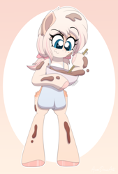 Size: 2900x4300 | Tagged: safe, artist:aarondrawsarts, oc, oc only, oc:daisy cakes, deer, deer pony, original species, apron, baking, bipedal, bow, clothes, cloven hooves, deer oc, freckles, hair bow, messy, solo, stirring