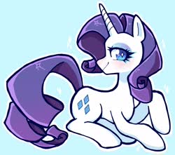 Size: 2048x1808 | Tagged: safe, artist:agent_dinky, artist:dinky-ink, rarity, pony, unicorn, g4, blue background, blushing, cute, female, looking at you, mare, no pupils, profile, prone, raribetes, simple background, solo