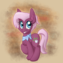 Size: 1200x1200 | Tagged: safe, artist:litrojia, jasmine leaf, earth pony, pony, g4, abstract background, cheek fluff, chest fluff, clothes, ear fluff, female, fluffy, looking at you, mare, smiling, solo