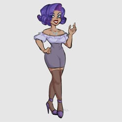 Size: 2000x2000 | Tagged: safe, artist:aylufujo, rarity, human, g4, clothes, dress, female, gray background, high heels, high res, humanized, jewelry, necklace, shoes, simple background, socks, solo, thigh highs