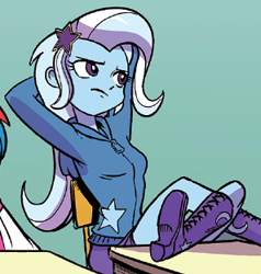 Size: 297x312 | Tagged: safe, artist:pencils, idw, trixie, equestria girls, g4, spoiler:comicequestriagirlsmarchradness, clothes, cropped, detention, feet on table, shoes