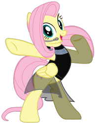 Size: 5911x7578 | Tagged: artist needed, source needed, safe, part of a set, fluttershy, pony, g4, bipedal, black dress, clothes, dress, female, headset, looking at you, mare