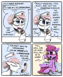 Size: 1024x1235 | Tagged: safe, artist:chopsticks, berry punch, berryshine, nurse redheart, earth pony, pony, g4, alcohol, beer, blushing, bottle, cheek fluff, chest fluff, comic, corona beer, coronavirus, covid-19, covidiots, dialogue, drunk, female, hangover, hat, hoof fluff, mare, open mouth, phone, simple background, sitting, sleep deprivation, text, yelling