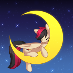 Size: 1536x1536 | Tagged: safe, artist:scarlet-spectrum, oc, oc only, oc:porsche speedwings, pegasus, pony, eyes closed, folded wings, male, moon, night sky, onomatopoeia, pegasus oc, shading, sleeping, sleeping on moon, solo, sound effects, stallion, stars, tangible heavenly object, transparent moon, wings, ych result, zzz