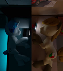 Size: 1600x1800 | Tagged: safe, artist:deloreandudetommy, oc, oc:logic puzzle, oc:supersaw, 3d, bed, blender, cellphone, computer, couple, ford mustang, gay, laptop computer, long distance relationship, male, phone, sleeping, smartphone, split screen, stallion