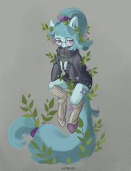 Size: 6100x8000 | Tagged: safe, artist:aoiyui, oc, oc only, oc:whispy slippers, earth pony, pony, clothes, female, floating, glasses, leaves, mare, plant, ponytail, slippers, socks, solo, sweater