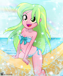 Size: 751x910 | Tagged: safe, artist:charliexe, lemon zest, equestria girls, g4, adorasexy, backbend, banana, banana boat, barefoot, beach, belly button, bikini, breasts, cleavage, clothes, cute, feet, floaty, food, happy, inflatable, inflatable toy, ocean, open mouth, pool toy, riding, sexy, solo, stupid sexy lemon zest, swimsuit, zestabetes