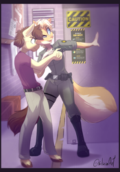 Size: 1513x2166 | Tagged: safe, artist:siliciaart, oc, oc only, oc:calpain, oc:kanil, earth pony, fox, anthro, belt, boots, clothes, female, furry, gun, hooves, male, non-mlp oc, pants, shirt, shoes, shooting range, squint, stallion, weapon