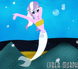 Size: 2080x1860 | Tagged: safe, artist:cyber-murph, diamond tiara, mermaid, equestria girls, g4, arm behind head, armpits, belly, belly button, cute, ear piercing, flowing hair, jewelry, mermaidized, midriff, necklace, piercing, rock, signature, species swap, swimming, tube top, underwater