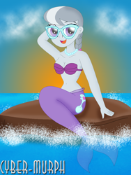 Size: 1644x2188 | Tagged: safe, artist:cyber-murph, silver spoon, mermaid, equestria girls, g4, arm behind head, armpits, belly, belly button, braided ponytail, breasts, cleavage, glasses, jewelry, mermaidized, midriff, necklace, rock, seashell bra, signature, sitting, species swap