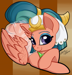 Size: 2193x2280 | Tagged: safe, artist:gleamydreams, somnambula, pegasus, pony, g4, clothes, crossed hooves, cute, egyptian headdress, female, headdress, high res, looking at you, lying down, mare, prone, see-through, smiling, solo, somnambetes