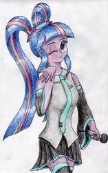 Size: 2168x3456 | Tagged: safe, artist:40kponyguy, derpibooru exclusive, twilight sparkle, equestria girls, g4, alternate hairstyle, boots, clothes, cosplay, costume, female, hatsune miku, high res, looking at you, microphone, necktie, one eye closed, pigtails, pleated skirt, shoes, simple background, skirt, solo, thigh boots, traditional art, twintails, vocaloid, zettai ryouiki
