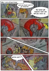Size: 1363x1960 | Tagged: safe, artist:mysteriousshine, pegasus, pony, unicorn, comic:the children of the night, boulder, cave, clothes, comic, dialogue, female, mare, onomatopoeia, statue, traditional art, trap (device), worried